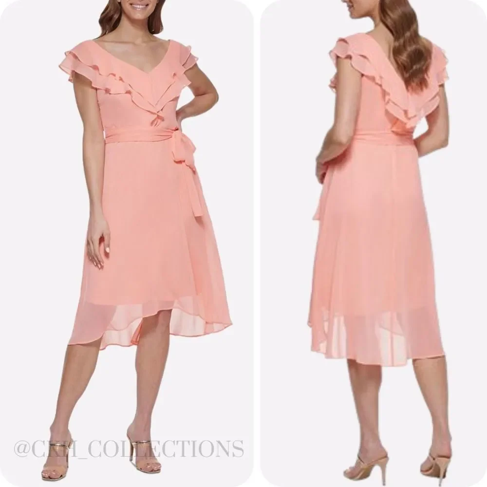 DKNY Double Ruffle-Collar Dress Salmon 8 - Picture 1 of 7
